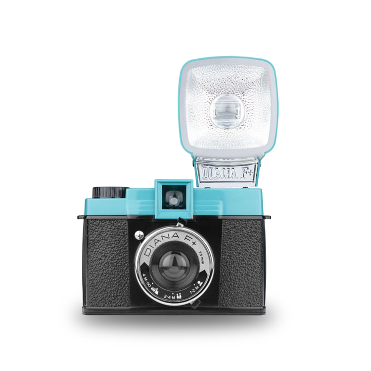 Vintage-style camera with flash on a white background