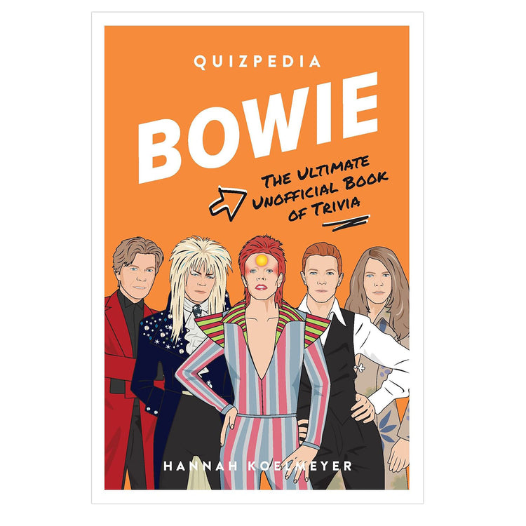 Cover of the book 'Quizpedia: Bowie' featuring cartoon illustrations of David Bowie and the members of his band on an orange background.