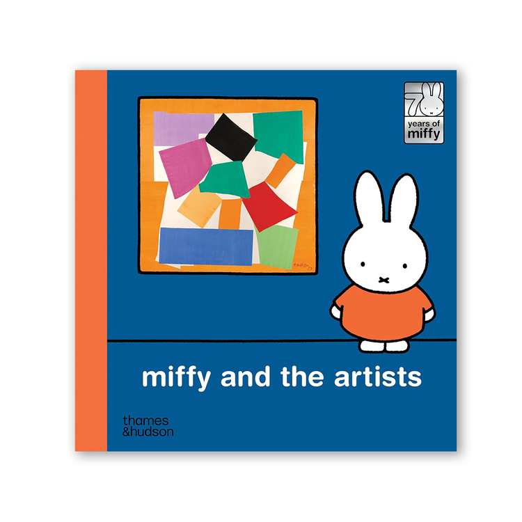 Cover of 'Miffy and the Artists' book featuring an illustration of Miffy the rabbit with a colorful abstract painting and iconic artworks in the background.