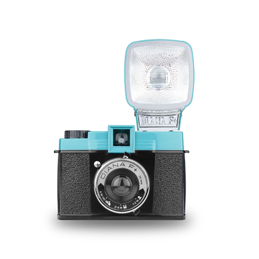 Vintage-style camera with flash on a white background