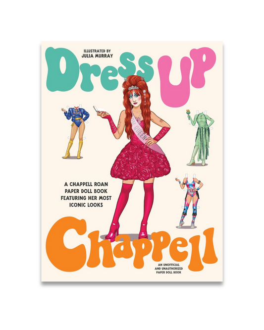 Book cover of 'Dress Up Chappell' with illustrations of a paper doll and costumes.