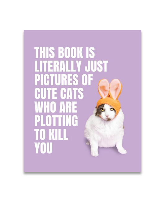 Book cover with a cat wearing bunny ears and humorous text on a purple background
