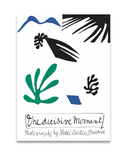 Poster with abstract designs and text 'The decisive moment' by Henri Cartier-Bresson on a white background