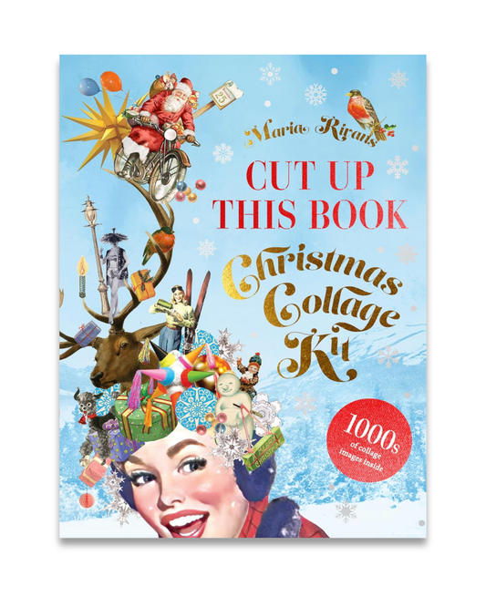 Book cover of 'Cut Up This Book Christmas Collage Kit' with festive illustrations and text.