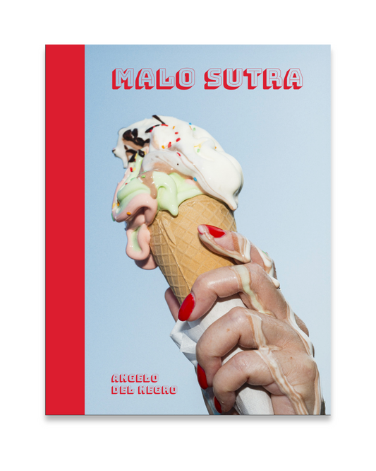 Book cover of 'Malo Sutra' with an ice cream cone and hand design on a light blue background.