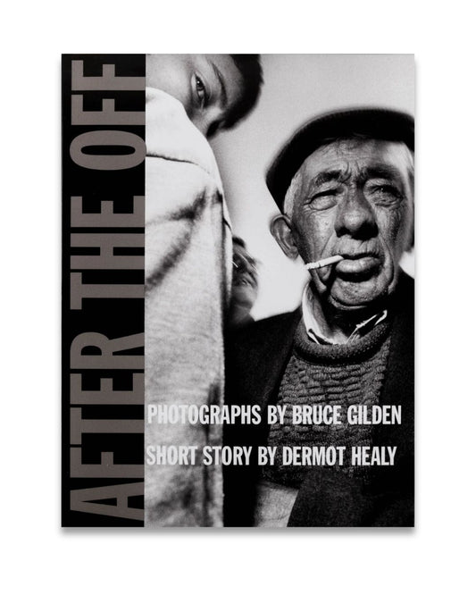 Book cover with black and white photo of a man smoking a cigarette and text about Bruce Gilden and Dermot Healy.