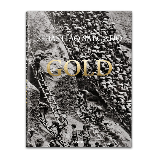 Book cover of 'Gold' by Sebastiao Salgado with black and white photo of people working.