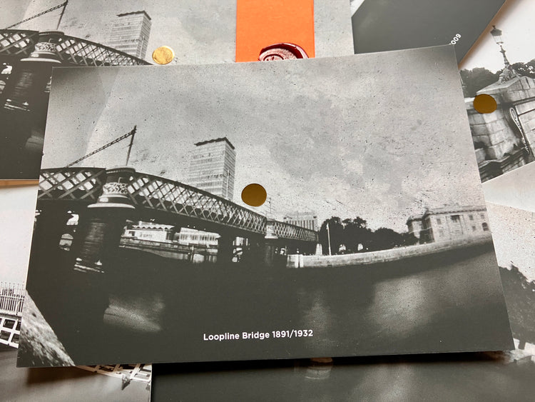 Pin Liffey, 5 x postcard bundle by Darragh Shanahan, with monogram wax sealed band.